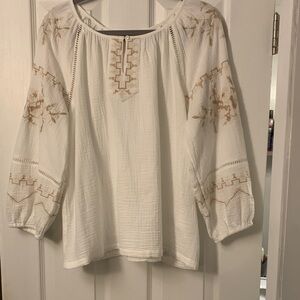Style & Co. White Peasant Blouse with Tan Embroidery